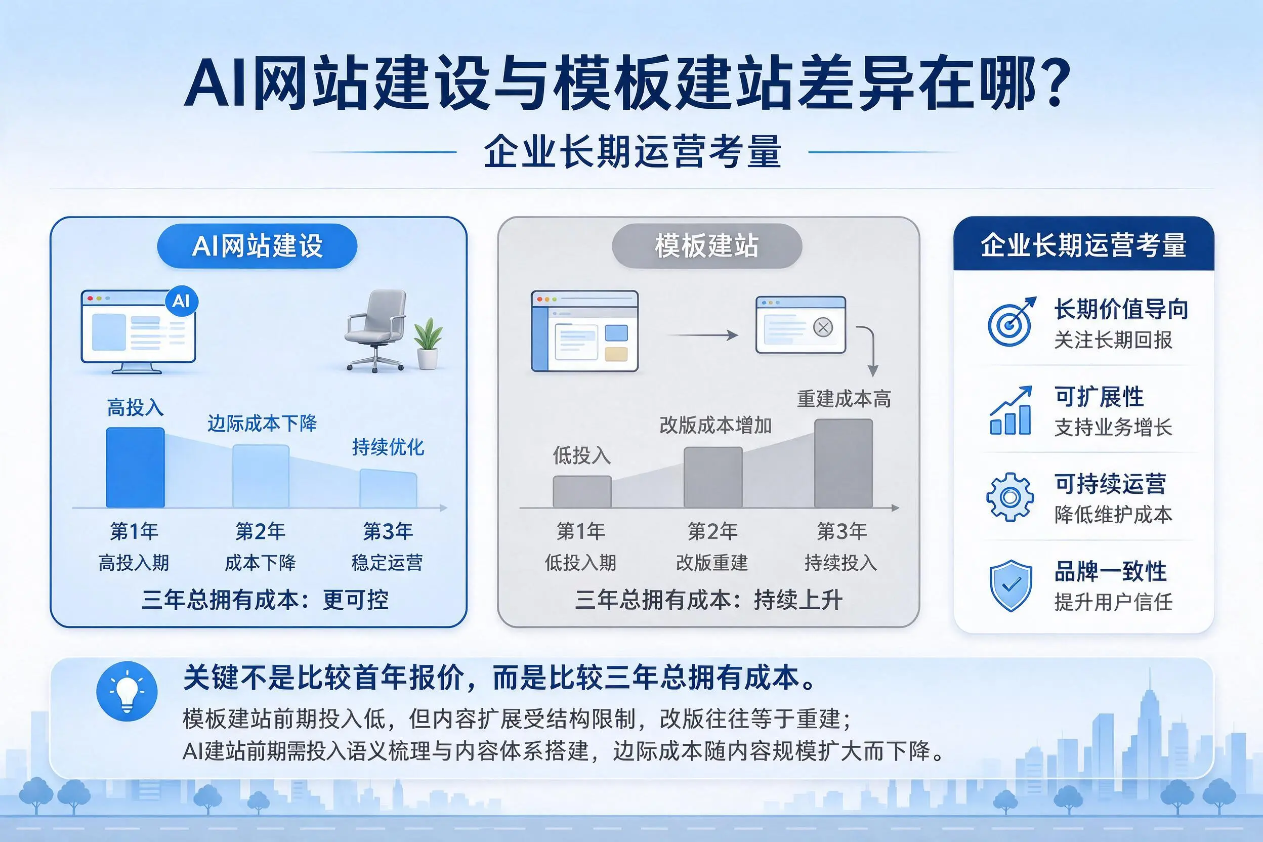 AI网站建设与模板建站差异在哪?咸阳企业长期运营考量
